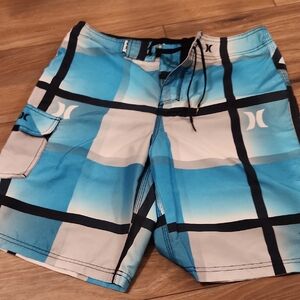 Hurley Aqua and Gray Plaid Men's Board Shorts